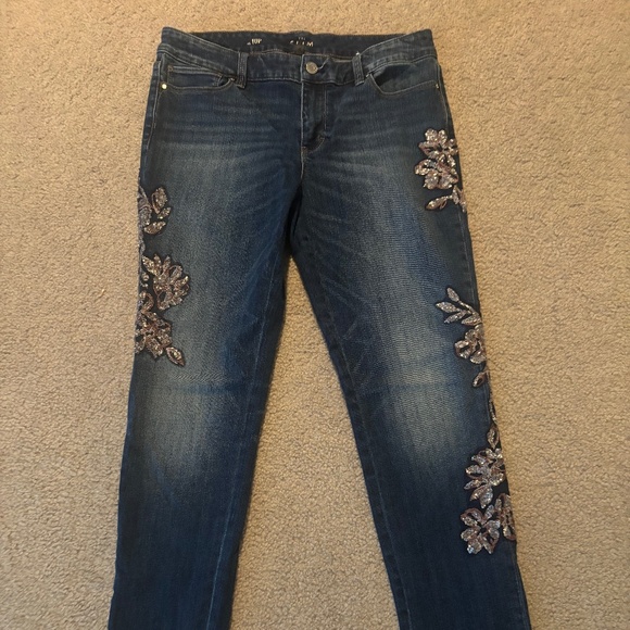 WHBM Slim Jeans with Pink and Silver Sequin Appliqué, Distressed - Picture 1 of 6